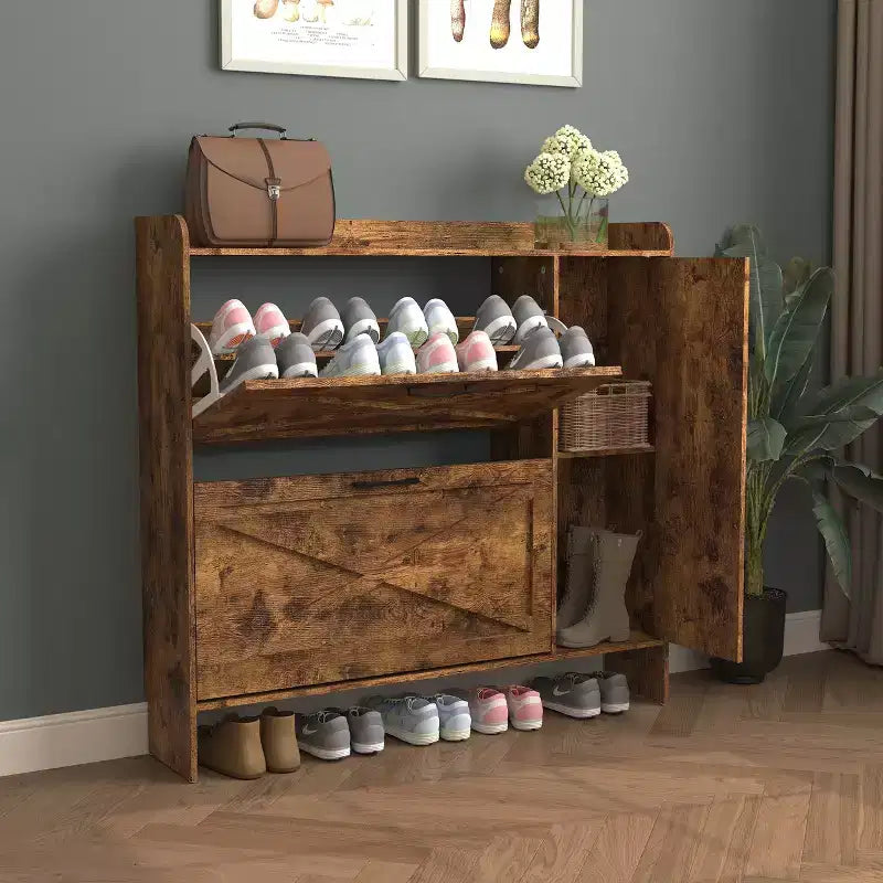 Meuble à chaussures autoportant brun rustique de 104 cm avec porte miroir et 2 tiroirs basculants, peut contenir 16 paires