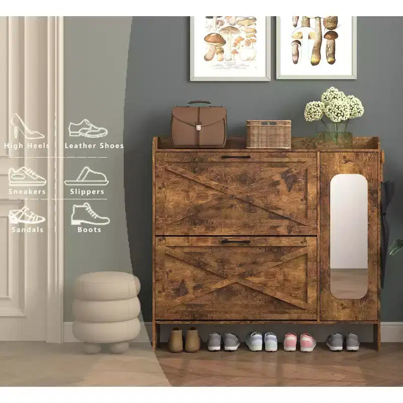Meuble à chaussures autoportant brun rustique de 104 cm avec porte miroir et 2 tiroirs basculants, peut contenir 16 paires