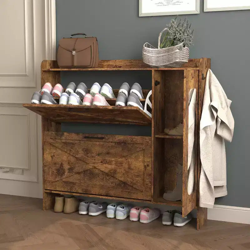 Meuble à chaussures autoportant brun rustique de 104 cm avec porte miroir et 2 tiroirs basculants, peut contenir 16 paires