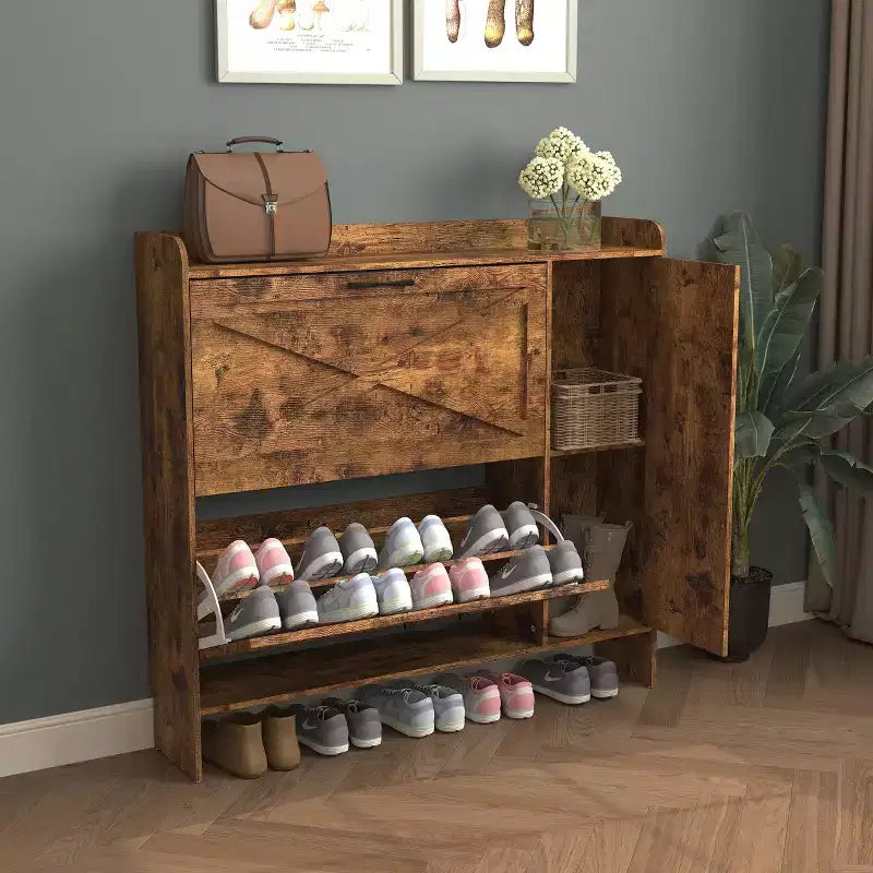 Meuble à chaussures autoportant brun rustique de 104 cm avec porte miroir et 2 tiroirs basculants, peut contenir 16 paires