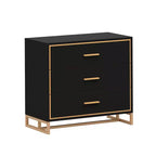 Table de chevet moderne à 3 tiroirs avec cadre métallique ouvert, finition noire et dorée, hauteur 72,9 cm
