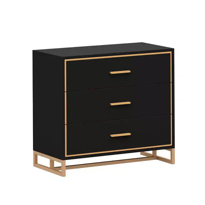 Table de chevet moderne à 3 tiroirs avec cadre métallique ouvert, finition noire et dorée, hauteur 72,9 cm