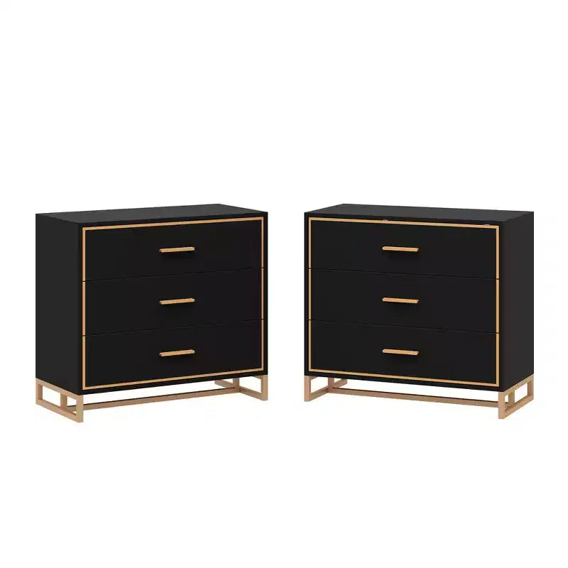 Table de chevet moderne à 3 tiroirs avec cadre métallique ouvert, finition noire et dorée, hauteur 72,9 cm