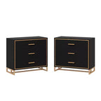 Table de chevet moderne à 3 tiroirs avec cadre métallique ouvert, finition noire et dorée, hauteur 72,9 cm