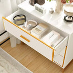 Table de chevet moderne à 3 tiroirs avec cadre métallique ouvert, finition noire et dorée, hauteur 72,9 cm