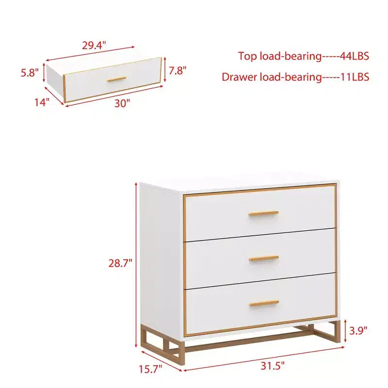 Table de chevet moderne à 3 tiroirs avec cadre métallique ouvert, finition noire et dorée, hauteur 72,9 cm
