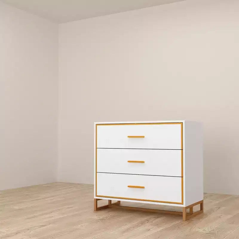 Table de chevet moderne à 3 tiroirs avec cadre métallique ouvert, finition noire et dorée, hauteur 72,9 cm