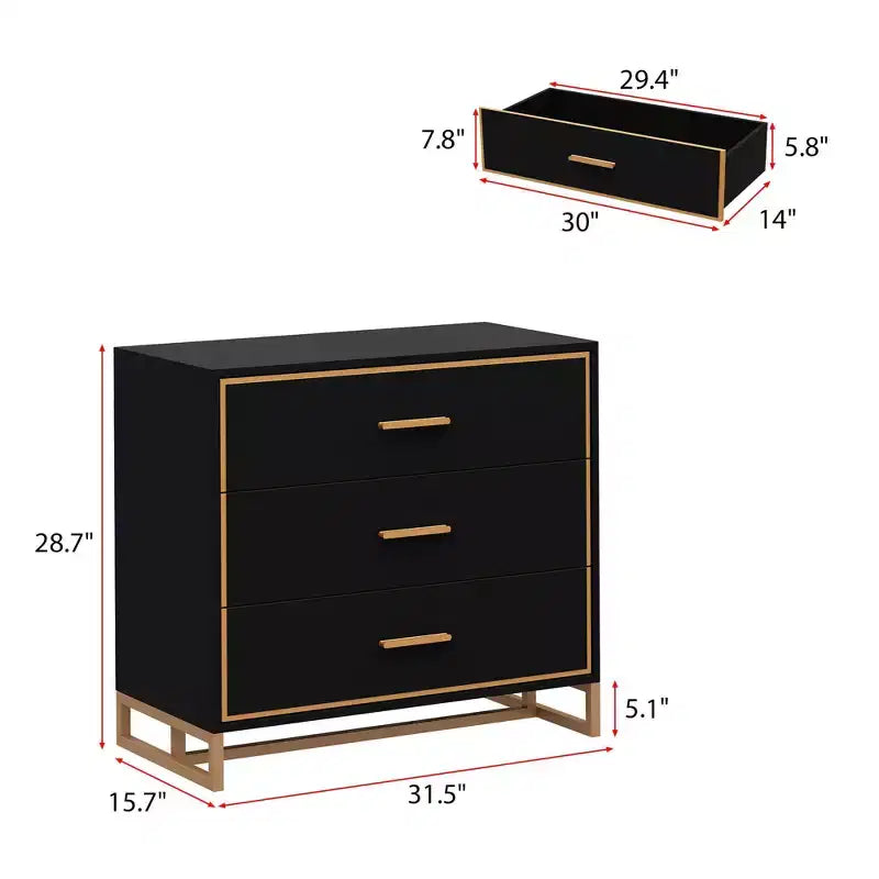 Table de chevet moderne à 3 tiroirs avec cadre métallique ouvert, finition noire et dorée, hauteur 72,9 cm