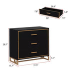 Table de chevet moderne à 3 tiroirs avec cadre métallique ouvert, finition noire et dorée, hauteur 72,9 cm