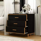 Table de chevet moderne à 3 tiroirs avec cadre métallique ouvert, finition noire et dorée, hauteur 72,9 cm