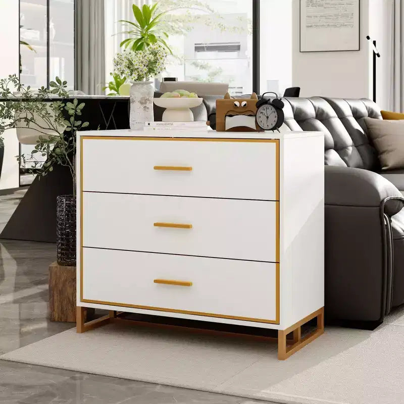 Table de chevet moderne à 3 tiroirs avec cadre métallique ouvert, finition noire et dorée, hauteur 72,9 cm