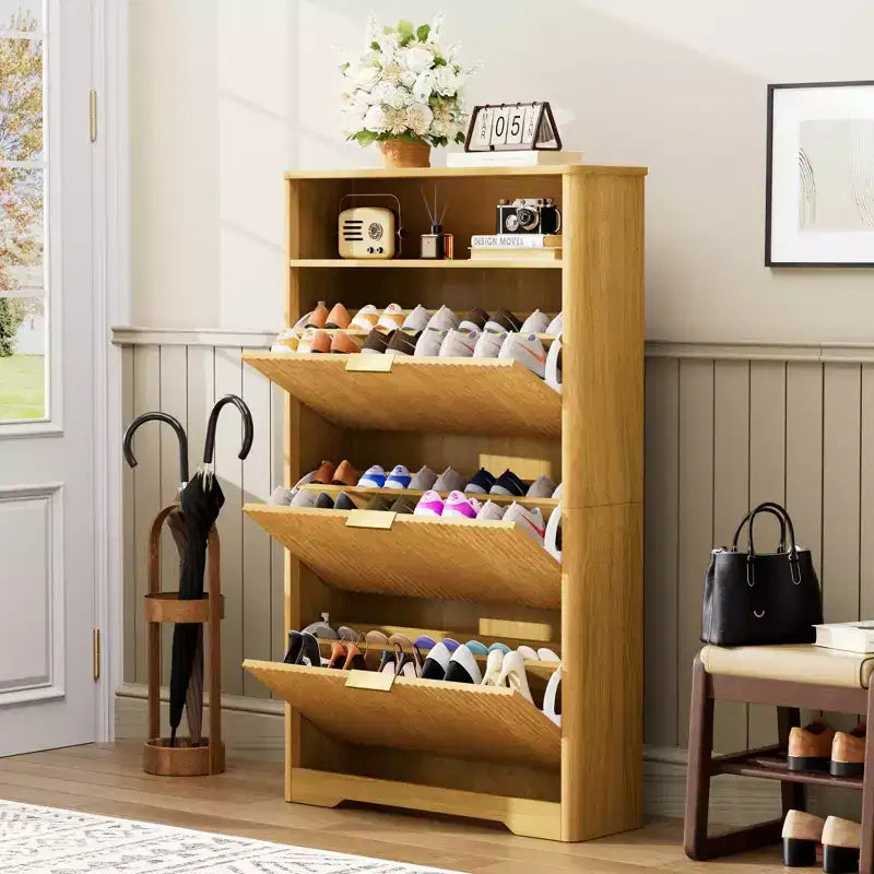 Meuble à chaussures autoportant de 137 cm de haut avec 3 tiroirs basculants et étagères réglables, Naturel, Contenance 30 paires