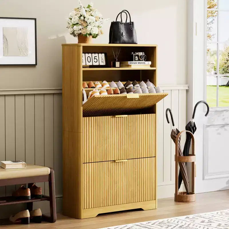 Meuble à chaussures autoportant de 137 cm de haut avec 3 tiroirs basculants et étagères réglables, Naturel, Contenance 30 paires