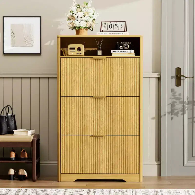 Meuble à chaussures autoportant de 137 cm de haut avec 3 tiroirs basculants et étagères réglables, Naturel, Contenance 30 paires