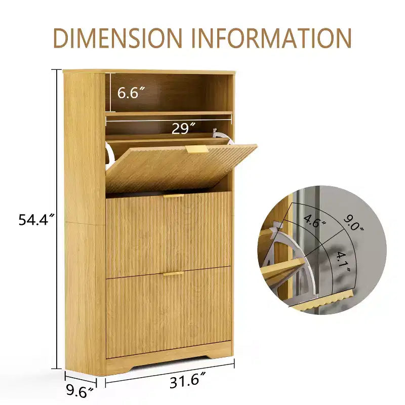Meuble à chaussures autoportant de 137 cm de haut avec 3 tiroirs basculants et étagères réglables, Naturel, Contenance 30 paires