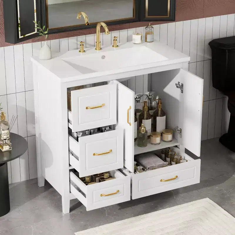 Meuble-lavabo de salle de bain 36" avec lavabo en résine, portes à fermeture amortie, 4 tiroirs et poignées métalliques