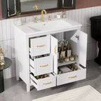 Meuble-lavabo de salle de bain 36" avec lavabo en résine, portes à fermeture amortie, 4 tiroirs et poignées métalliques