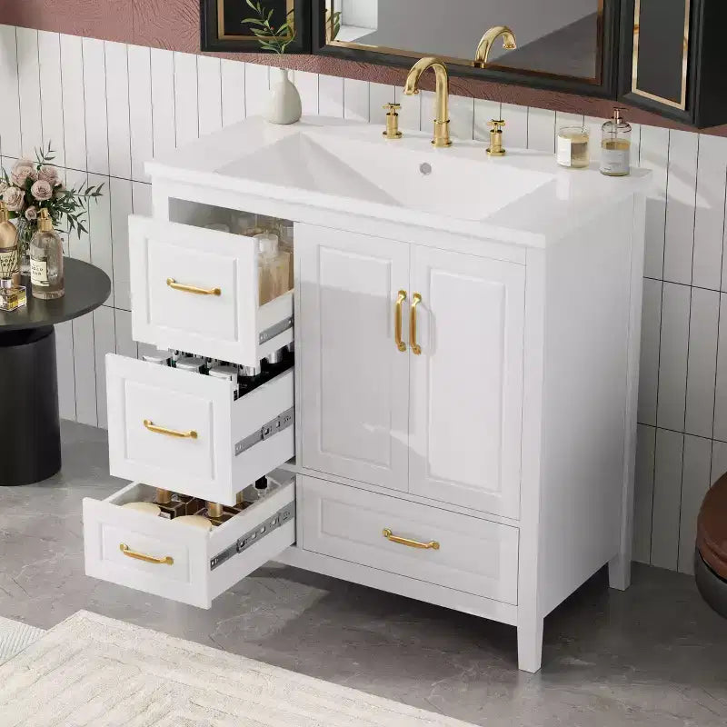 Meuble-lavabo de salle de bain 36" avec lavabo en résine, portes à fermeture amortie, 4 tiroirs et poignées métalliques