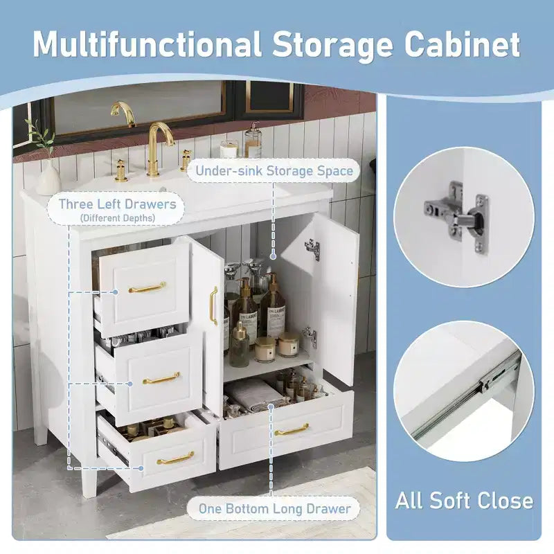 Meuble-lavabo de salle de bain 36" avec lavabo en résine, portes à fermeture amortie, 4 tiroirs et poignées métalliques