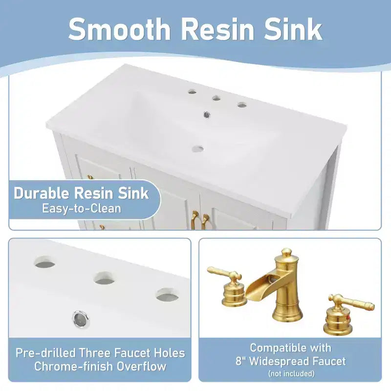 Meuble-lavabo de salle de bain 36" avec lavabo en résine, portes à fermeture amortie, 4 tiroirs et poignées métalliques