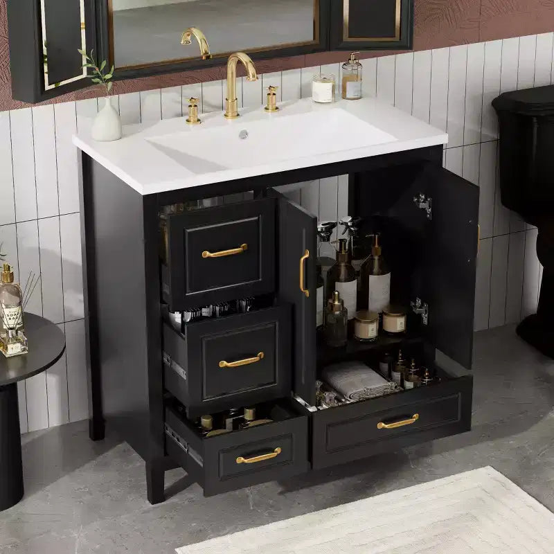 Meuble-lavabo de salle de bain 36" avec lavabo en résine, portes à fermeture amortie, 4 tiroirs et poignées métalliques