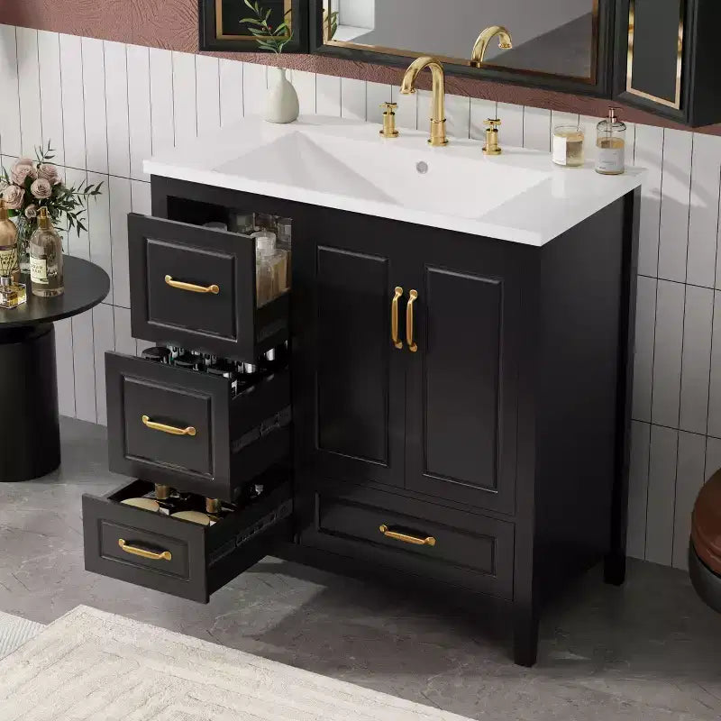Meuble-lavabo de salle de bain 36" avec lavabo en résine, portes à fermeture amortie, 4 tiroirs et poignées métalliques