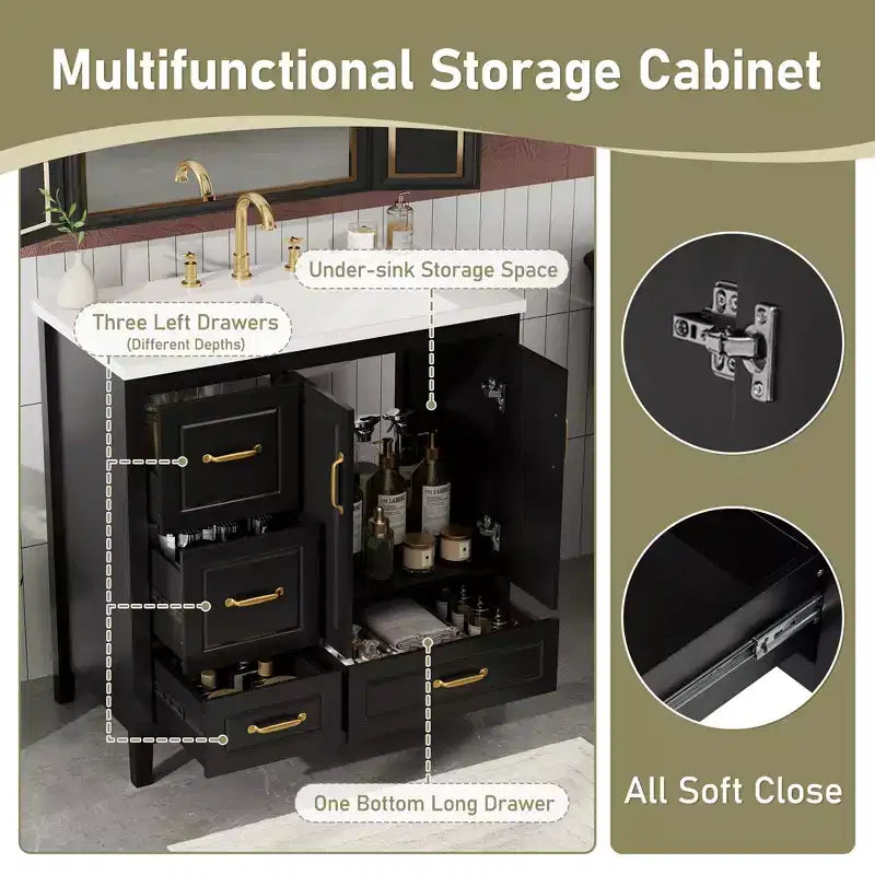 Meuble-lavabo de salle de bain 36" avec lavabo en résine, portes à fermeture amortie, 4 tiroirs et poignées métalliques