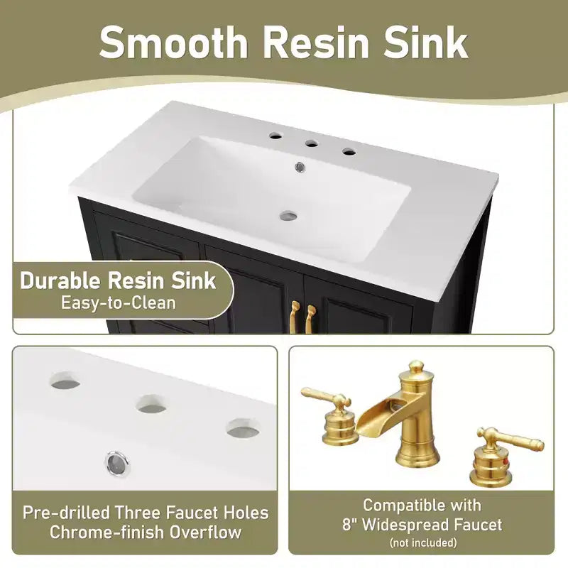 Meuble-lavabo de salle de bain 36" avec lavabo en résine, portes à fermeture amortie, 4 tiroirs et poignées métalliques