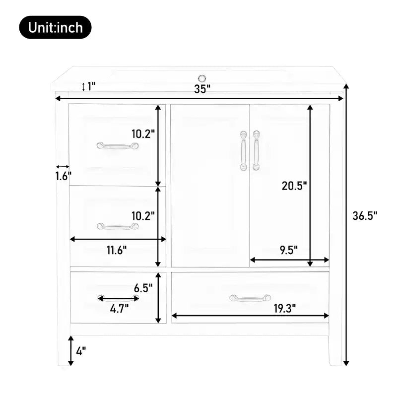 Meuble-lavabo de salle de bain 36" avec lavabo en résine, portes à fermeture amortie, 4 tiroirs et poignées métalliques