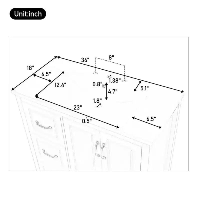 Meuble-lavabo de salle de bain 36" avec lavabo en résine, portes à fermeture amortie, 4 tiroirs et poignées métalliques