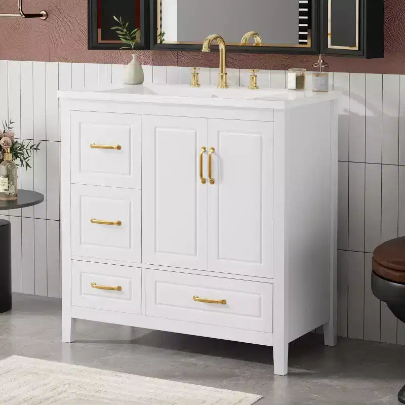 Meuble-lavabo de salle de bain 36" avec lavabo en résine, portes à fermeture amortie, 4 tiroirs et poignées métalliques