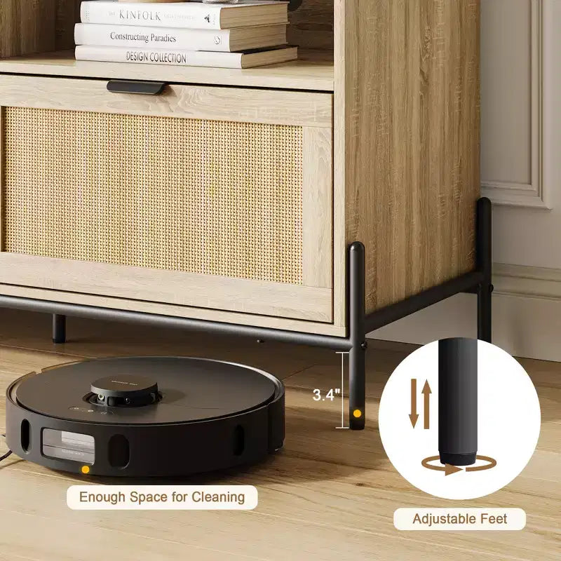 Meuble TV moderne en rotin pour téléviseurs jusqu'à 75", 3 tiroirs et étagères ouvertes, grain de bois naturel