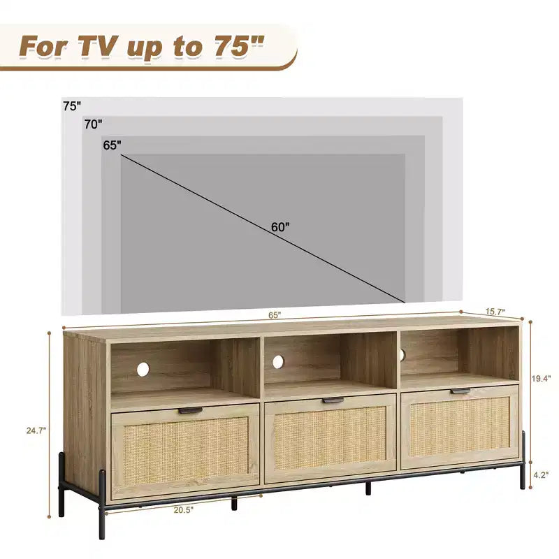 Meuble TV moderne en rotin pour téléviseurs jusqu'à 75", 3 tiroirs et étagères ouvertes, grain de bois naturel