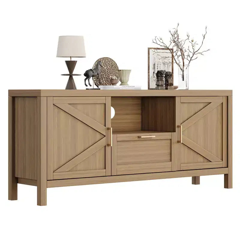 Meuble TV de style ferme pour téléviseurs de 55"/65", meuble de divertissement de 150 cm avec 2 portes, noyer