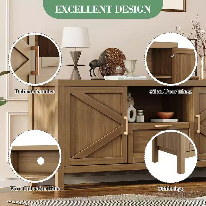 Meuble TV de style ferme pour téléviseurs de 55"/65", meuble de divertissement de 150 cm avec 2 portes, noyer