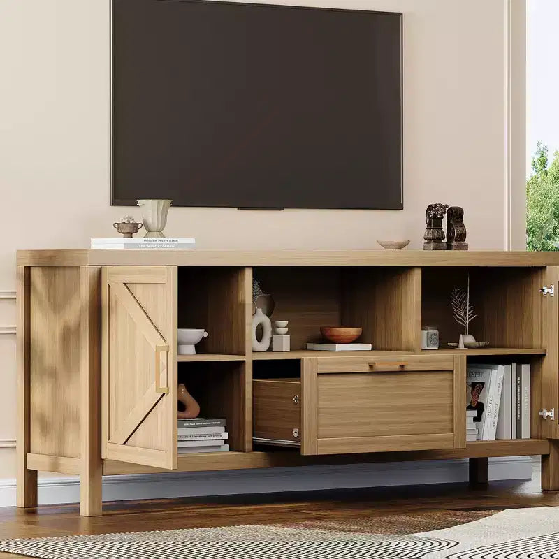 Meuble TV de style ferme pour téléviseurs de 55"/65", meuble de divertissement de 150 cm avec 2 portes, noyer