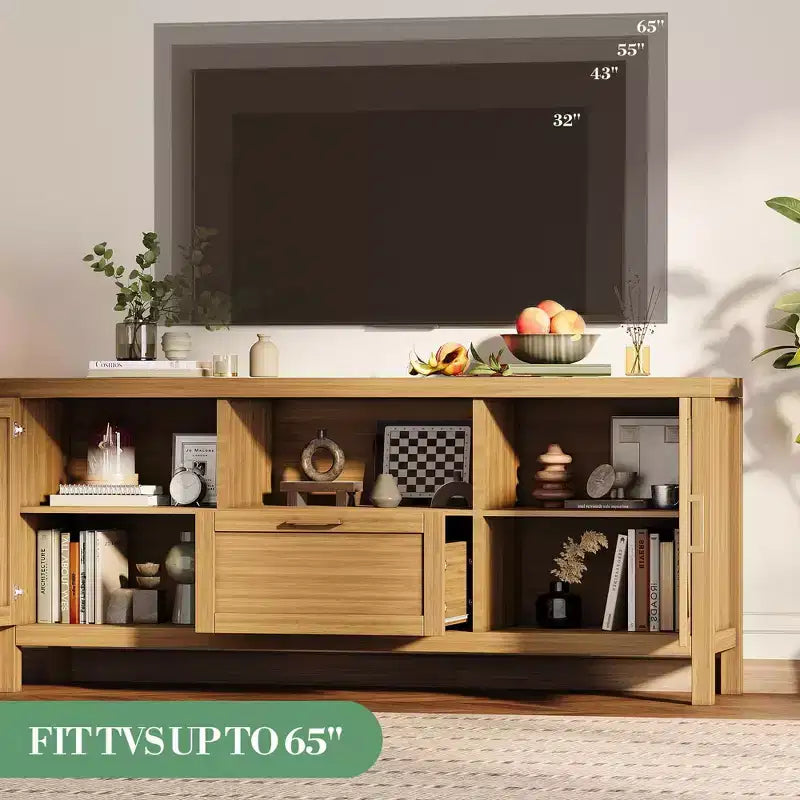 Meuble TV de style ferme pour téléviseurs de 55"/65", meuble de divertissement de 150 cm avec 2 portes, noyer