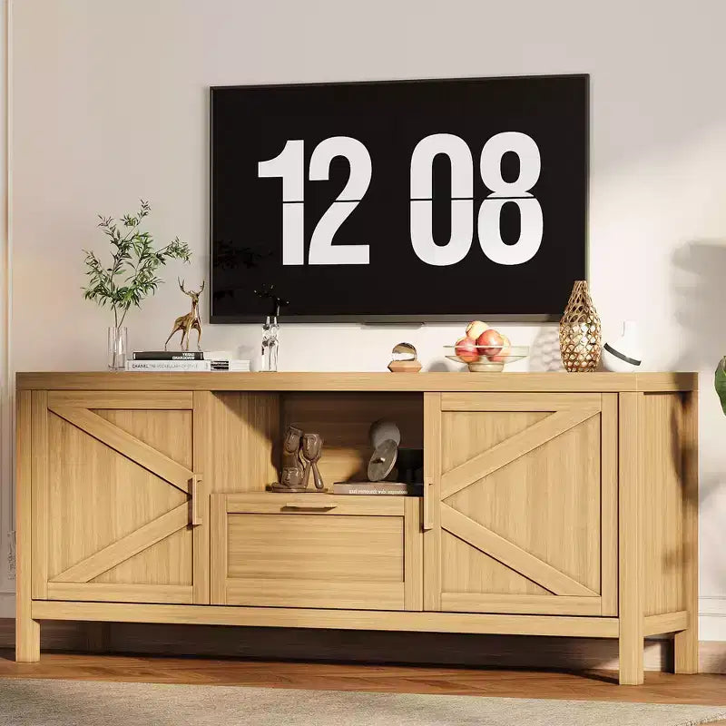 Meuble TV de style ferme pour téléviseurs de 55"/65", meuble de divertissement de 150 cm avec 2 portes, noyer