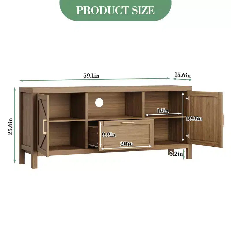 Meuble TV de style ferme pour téléviseurs de 55"/65", meuble de divertissement de 150 cm avec 2 portes, noyer
