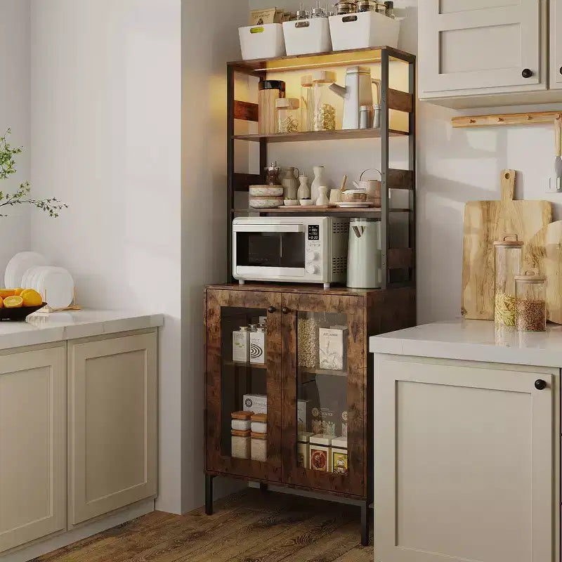 Meuble de Cuisine Multifonction avec Prises, Lumières LED et Rangement avec Portes en Verre, 170 cm H