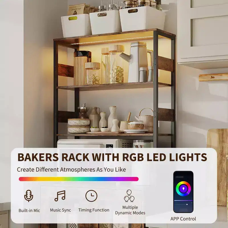 Meuble de Cuisine Multifonction avec Prises, Lumières LED et Rangement avec Portes en Verre, 170 cm H