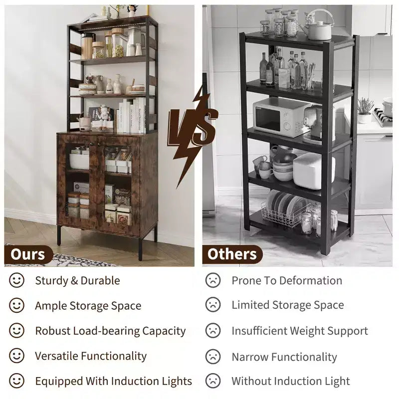 Meuble de Cuisine Multifonction avec Prises, Lumières LED et Rangement avec Portes en Verre, 170 cm H