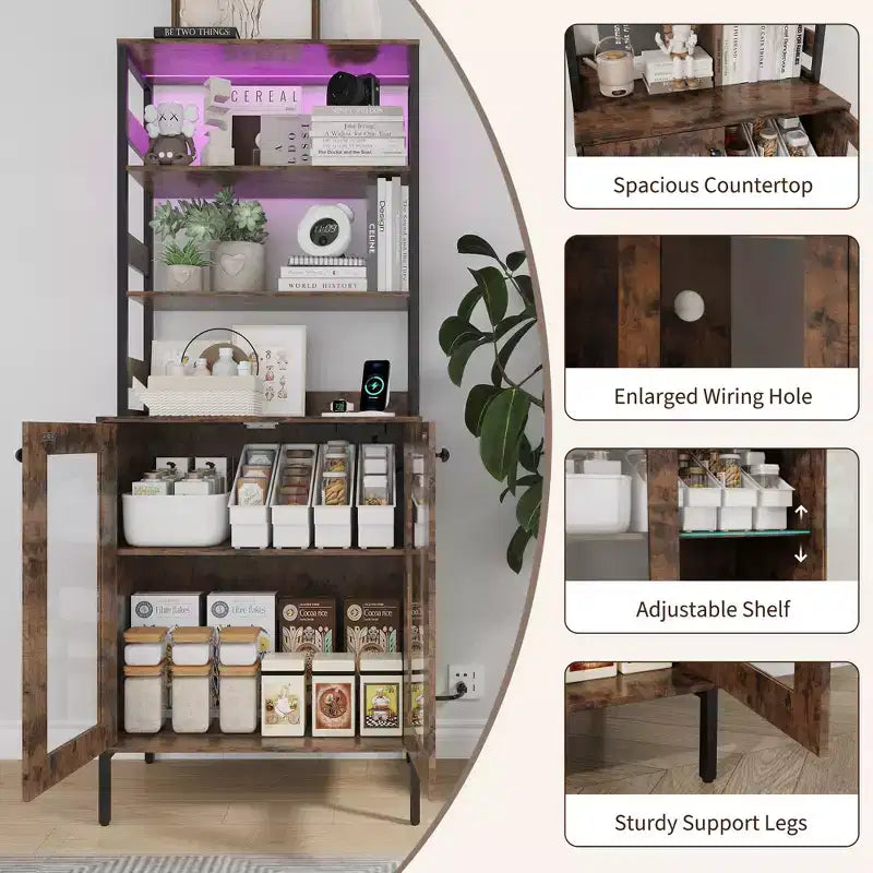 Meuble de Cuisine Multifonction avec Prises, Lumières LED et Rangement avec Portes en Verre, 170 cm H