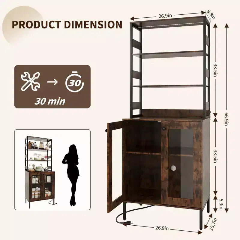 Meuble de Cuisine Multifonction avec Prises, Lumières LED et Rangement avec Portes en Verre, 170 cm H