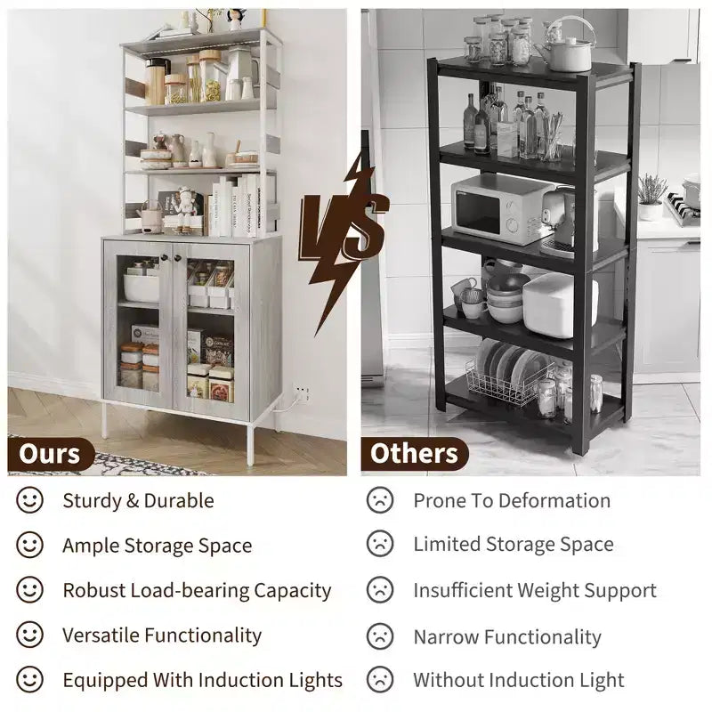 Meuble de Cuisine Multifonction avec Prises, Lumières LED et Rangement avec Portes en Verre, 170 cm H