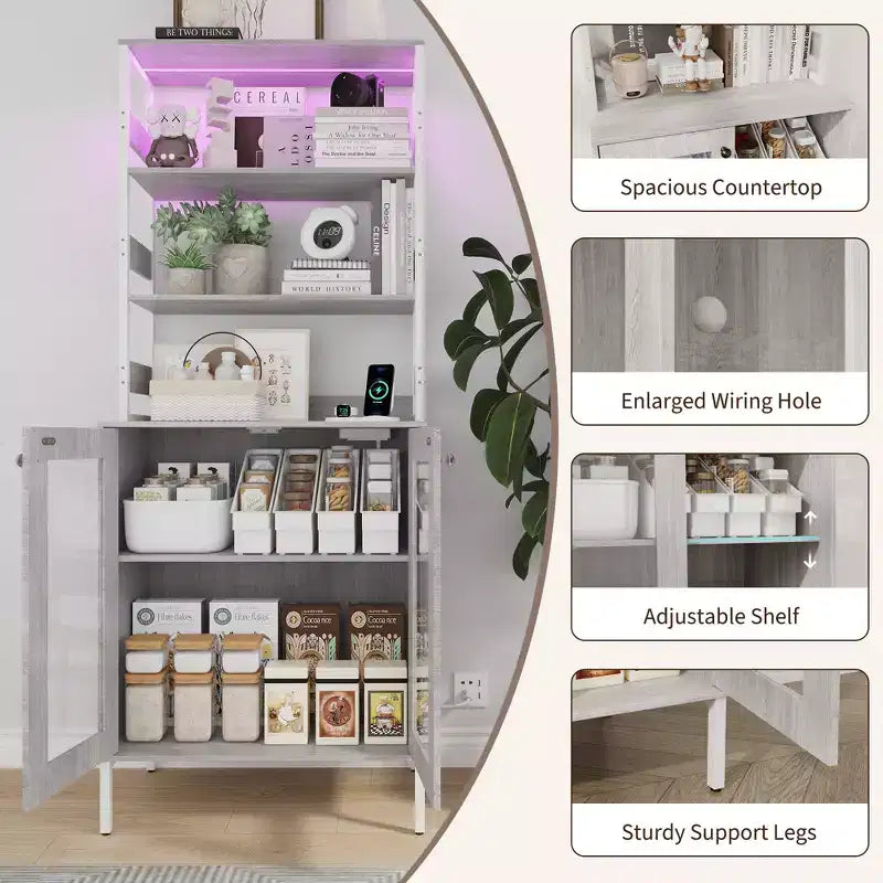 Meuble de Cuisine Multifonction avec Prises, Lumières LED et Rangement avec Portes en Verre, 170 cm H