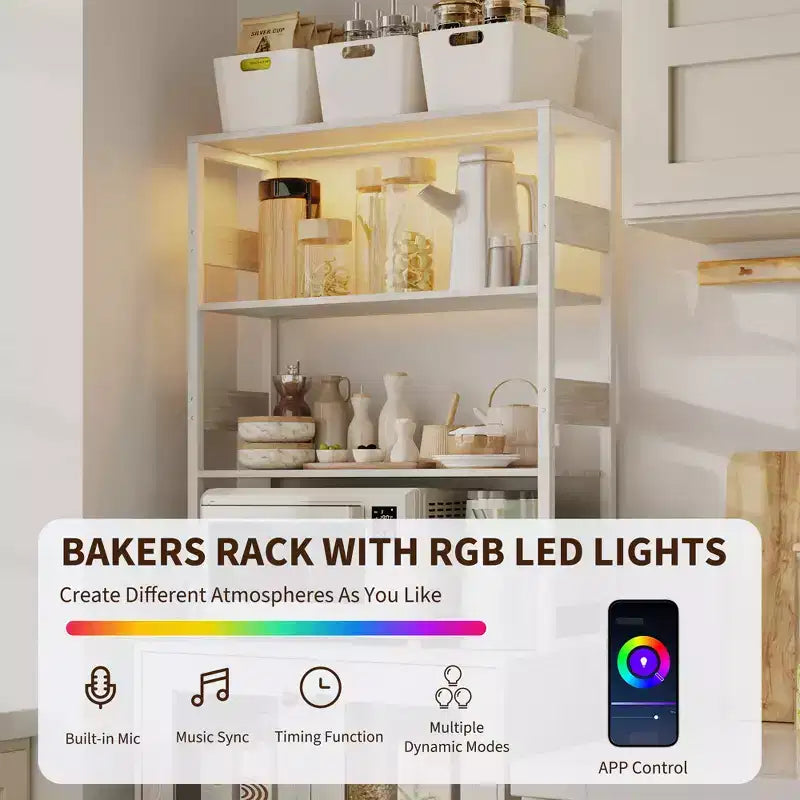Meuble de Cuisine Multifonction avec Prises, Lumières LED et Rangement avec Portes en Verre, 170 cm H