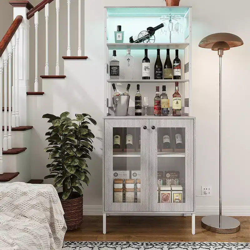 Meuble de Cuisine Multifonction avec Prises, Lumières LED et Rangement avec Portes en Verre, 170 cm H