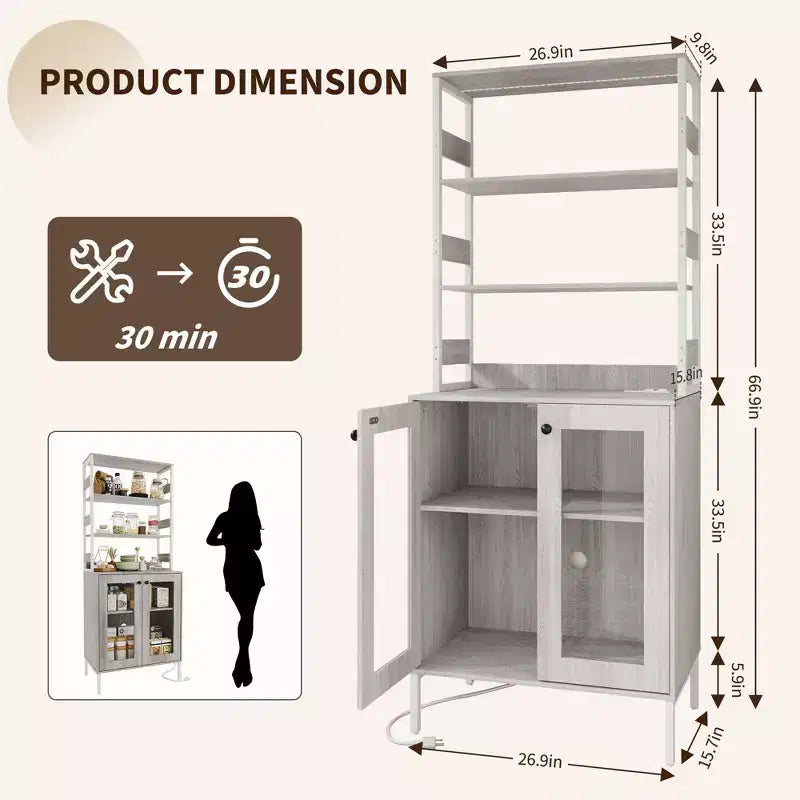 Meuble de Cuisine Multifonction avec Prises, Lumières LED et Rangement avec Portes en Verre, 170 cm H