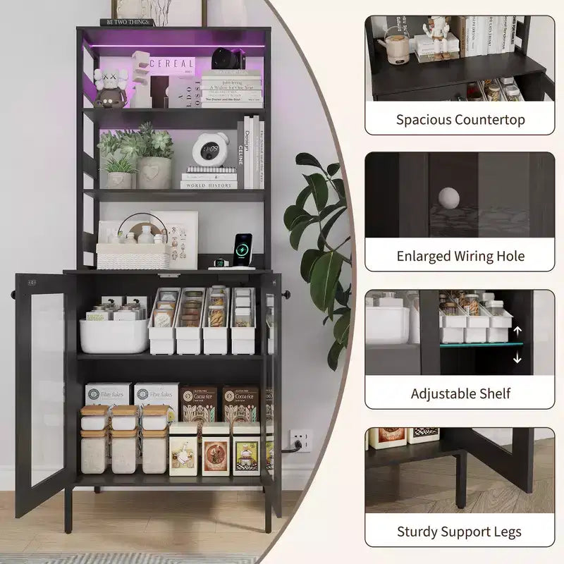Meuble de Cuisine Multifonction avec Prises, Lumières LED et Rangement avec Portes en Verre, 170 cm H